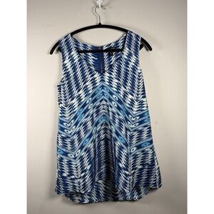 Woman's Aqua Sleeveless Large Tank Top Chevron Boho V-neck Blue Blouse Zipper